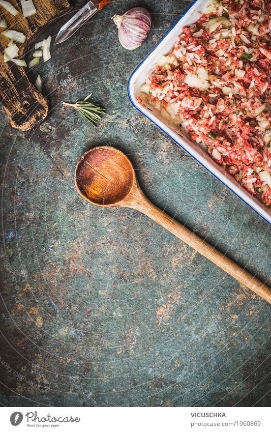 Meat filling with rice and cooking spoon Food Herbs and spices Organic produce Crockery Spoon Style Design Healthy Eating Kitchen Restaurant Wooden spoon Rice