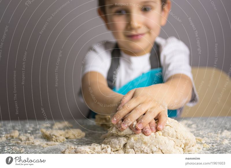 Little boy kneading raw pizza dough Dough Baked goods Bread Joy Playing Kitchen Child Boy (child) Smiling Make Blue Delightful Apron Baking Baker Caucasian