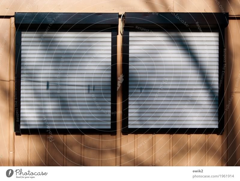 off-season Leisure and hobbies House (Residential Structure) Facade Window Hang Sharp-edged Simple Gloomy Closed Clothesline Shade of a tree Venetian blinds