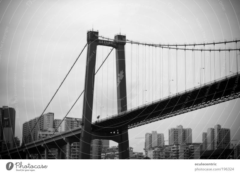 Golden Gate Fake China Asia Small Town Skyline Populated Bridge Stress Stagnating Logistics Black & white photo Exterior shot Deserted Day Central perspective