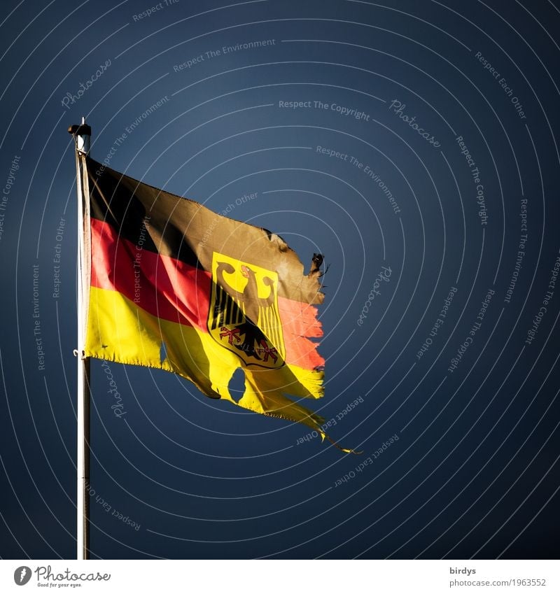 Poor rich Germany Storm clouds Sign Federal eagle Flag German Flag Authentic Broken Gold Red Black Might Responsibility Concern Distress Variable Frustration