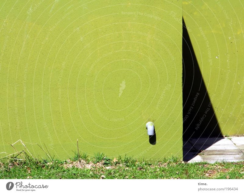 Blind spot Green lime green House (Residential Structure) Wall (building) Drainage Pipe Bend Meadow Grass Blade of grass Growth Spring Triangle Dark Black