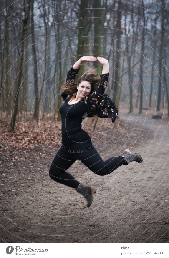 Anne Feminine Woman Adults 1 Human being Dancer Winter Tree Forest Lanes & trails T-shirt Pants Jacket Brunette Long-haired Movement Looking Friendliness