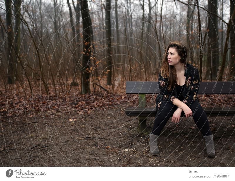 Anne Feminine Woman Adults 1 Human being Forest T-shirt Pants Jacket Boots Brunette Long-haired Bench Observe Looking Sit Wait Beautiful Self-confident