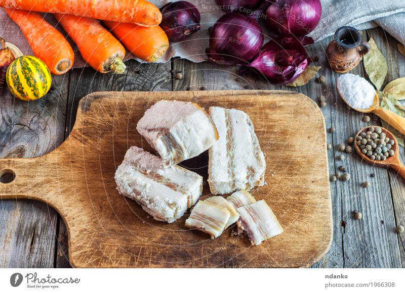 Fresh salted pork fat on a kitchen board Food Vegetable Herbs and spices Eating Spoon Table Old Delicious Natural Brown Gray Orange Red Bacon Pork Slice wood