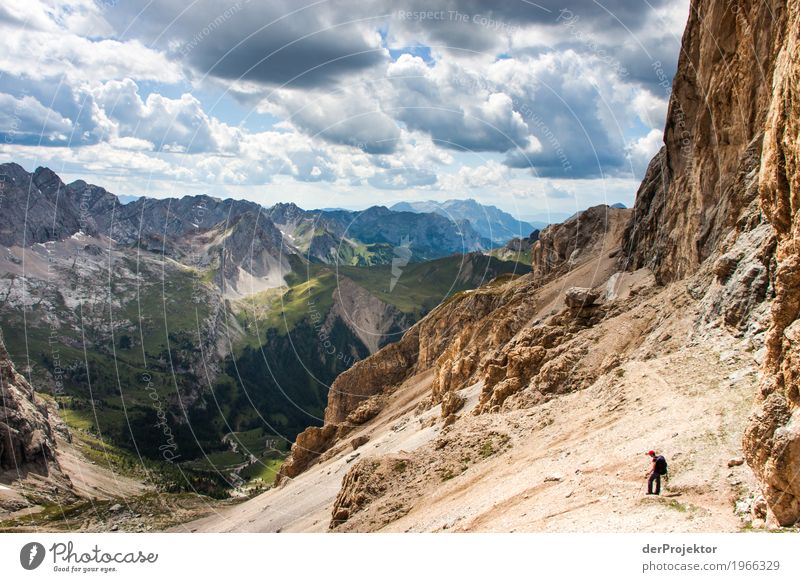 Hikers on the rock face in the Dolomites Central perspective Deep depth of field Sunbeam Sunlight Light (Natural Phenomenon) Silhouette Contrast Shadow Day
