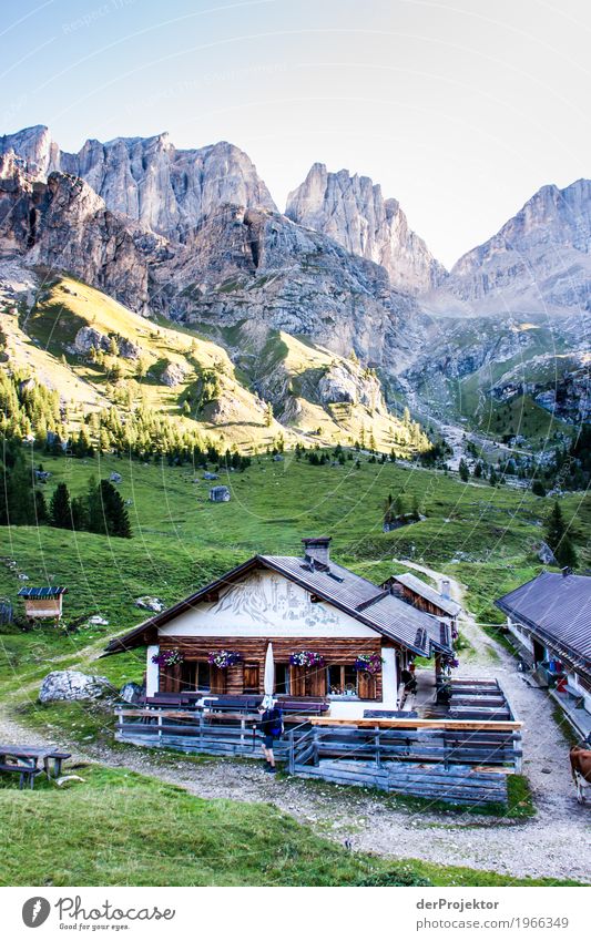 Hut with view in the Dolomites Central perspective Deep depth of field Sunbeam Sunlight Light (Natural Phenomenon) Silhouette Contrast Shadow Day Copy Space top