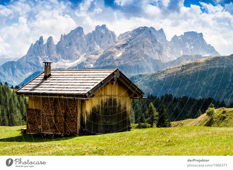 Hut with panorama in the Dolomites Central perspective Deep depth of field Sunbeam Sunlight Light (Natural Phenomenon) Silhouette Contrast Shadow Day