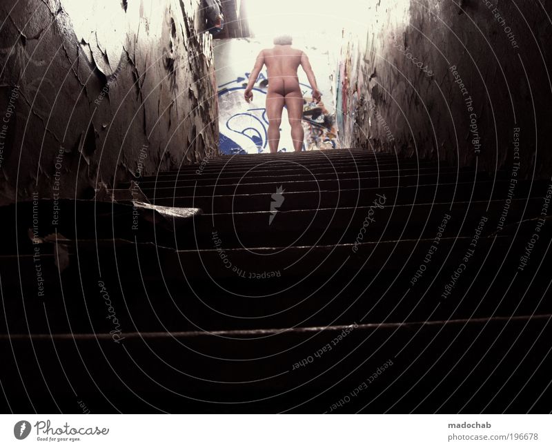 Naked Masculine Man Adults Body Ruin Wall (barrier) Wall (building) Stairs Dirty Dark Eroticism Bravery Power Dream Longing Loneliness Shame Poverty Esthetic