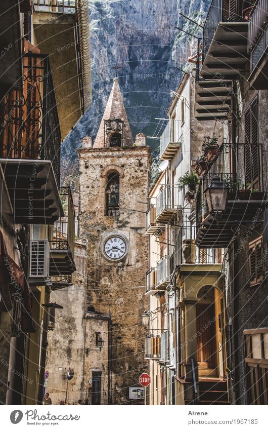 Bergdorf church tower clock Mountain Italy Sicily Village House (Residential Structure) Church Tower Church spire Facade Street Alley Housefront Clock