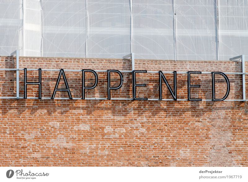"Happened" in letters on wall in Venice Looking Central perspective Deep depth of field Dawn Morning Light Shadow Contrast Copy Space middle Copy Space bottom