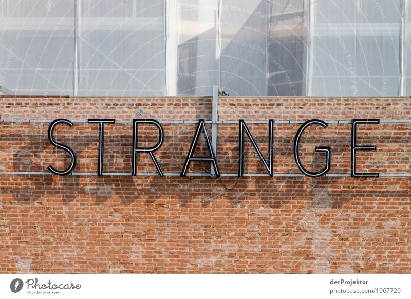 "Strange" in letters on wall in Venice Looking Central perspective Deep depth of field Dawn Morning Light Shadow Contrast Copy Space middle Copy Space bottom
