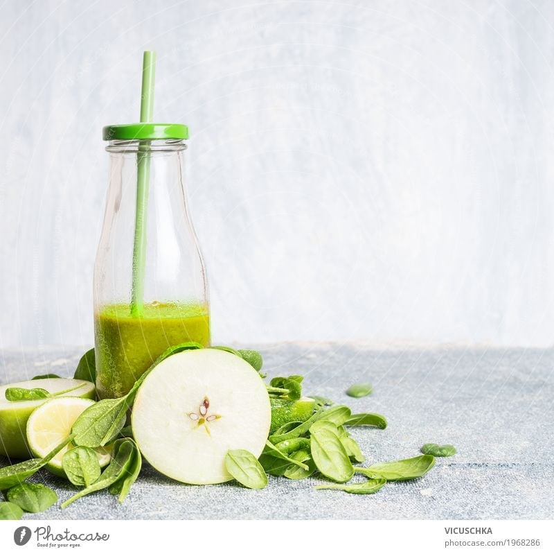 Green Smoothie in bottle with apple and spinach Food Vegetable Fruit Nutrition Organic produce Vegetarian diet Diet Beverage Juice Bottle Style Design Healthy
