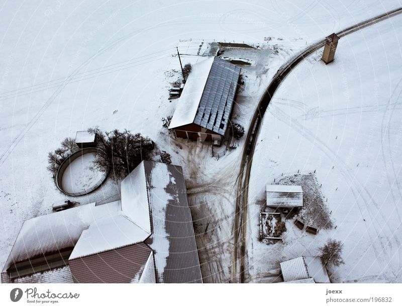 The Settlers Winter Snow House (Residential Structure) Roof Street Cold Above Under Black White Farm Snowscape Bird's-eye view Colour photo Subdued colour