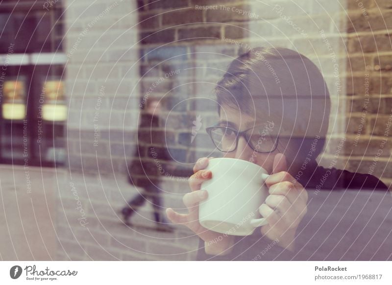 #A1# Woman at window with view to the future Feminine Esthetic Café Coffee To have a coffee Coffee cup Coffee break Looking Shows Eyeglasses Reflection Slice