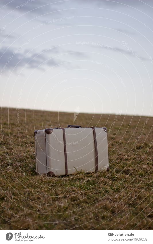 suitcases Vacation & Travel Trip Environment Nature Landscape Sky Clouds Meadow Stand Old Retro Loneliness Adventure Suitcase Luggage In transit Colour photo