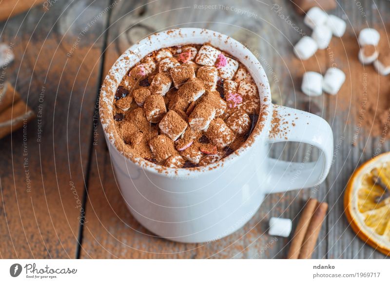 Hot chocolate with marshmallows Dessert Herbs and spices Beverage Hot drink Hot Chocolate Cup Mug Table Wood Old Eating Fresh Delicious Natural Above Retro