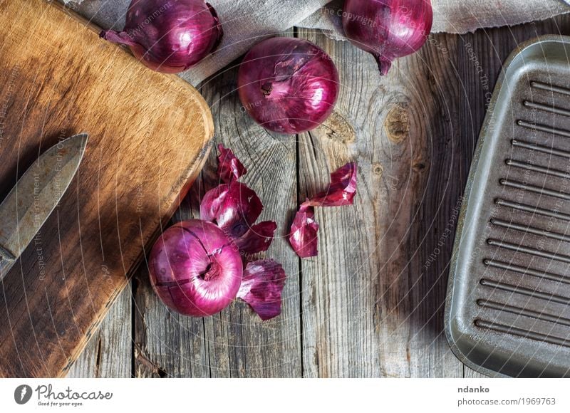 Red onion vegetable on the gray wooden surface Food Vegetable Fruit Nutrition Eating Vegetarian diet Pan Kitchen Group Nature Plant Wood Old Dark Fresh Natural