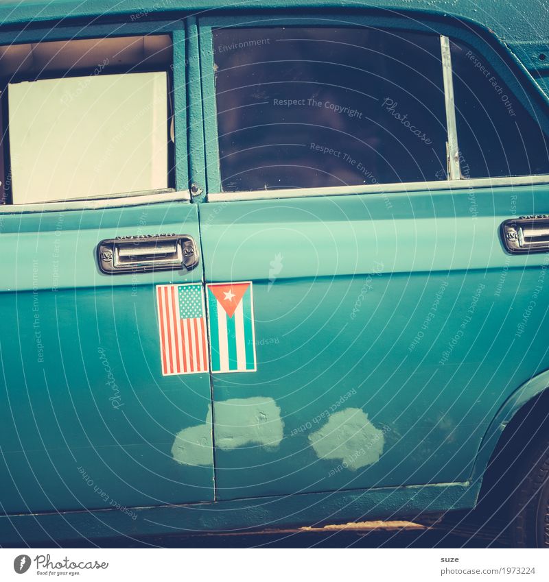 authority Means of transport Street Car Vintage car Sign Flag Argument Old Authentic Broken Retro Blue Crisis Politics and state Revolt Past Transience Time