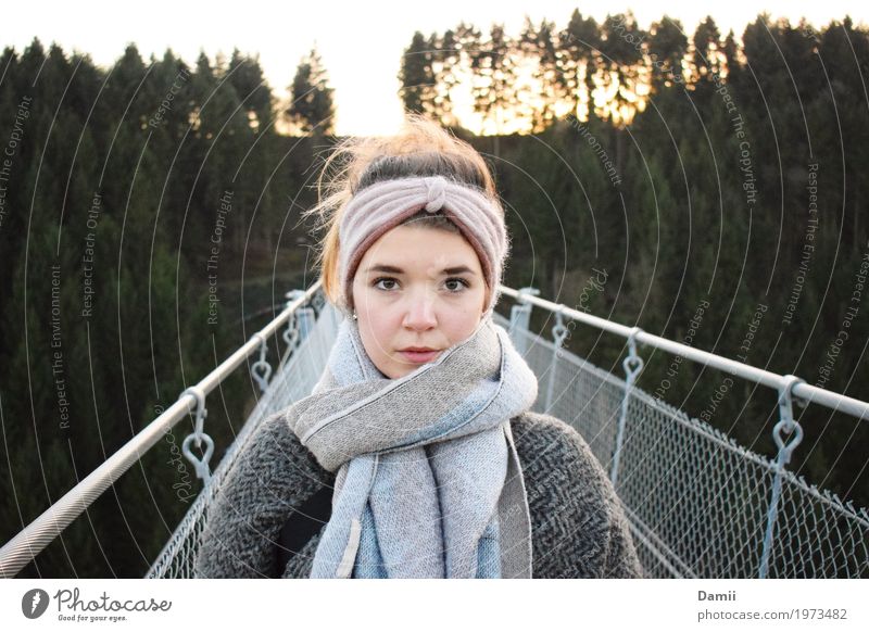 Direct Feminine Young woman Youth (Young adults) 1 Human being 18 - 30 years Adults Bridge Suspension bridge Coat Scarf Headband Steel Stand Dream Hiking