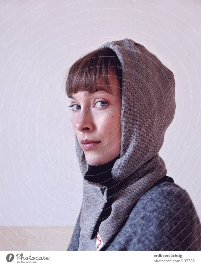 skeptical - half-profile portrait of a skeptical looking woman with bangs and hood Style Feminine Woman Adults 18 - 30 years Youth (Young adults) Fashion Cloth