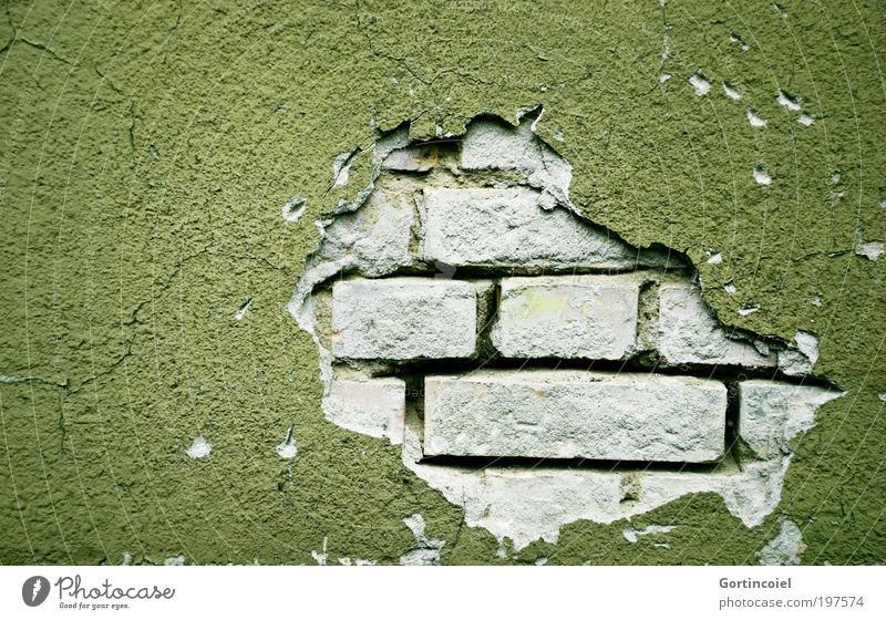 Repair supplies [LUsertreffen 04|10] Manmade structures Wall (barrier) Wall (building) Facade Stone Brick Old Green Derelict Broken Hollow Building stone Seam