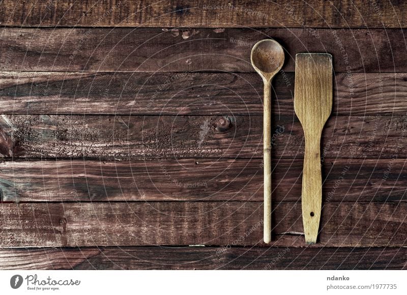 wooden kitchen spatula and a spoon on a brown surface Spoon Table Kitchen Wood Old Retro Brown Dish tableware utensil dinnerware Surface board empty space