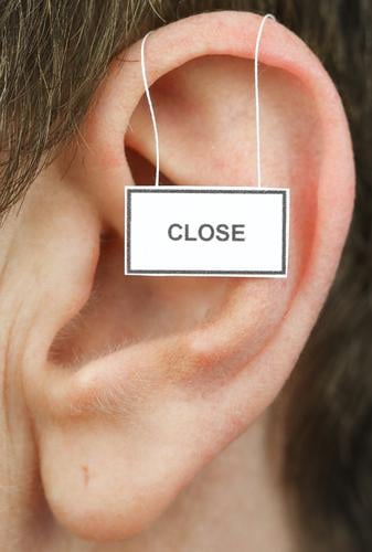 close Feminine Woman Adults Ear 1 Human being Signage Warning sign Listening Communicate Life Closed hear away Ignore Colour photo Studio shot Close-up