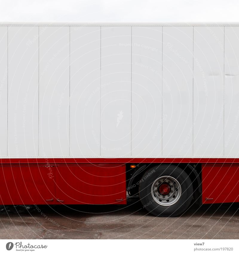 red truck Transport Means of transport Street Vehicle Truck Mobile home Caravan Site trailer Trailer Metal Line Stripe Esthetic Thin Authentic Fresh Modern