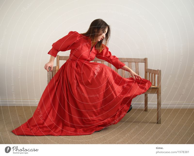. Room Bench Feminine Woman Adults 1 Human being Dress Brunette Long-haired Observe Looking Sit Elegant Beautiful Red Self-confident Willpower Passion Romance