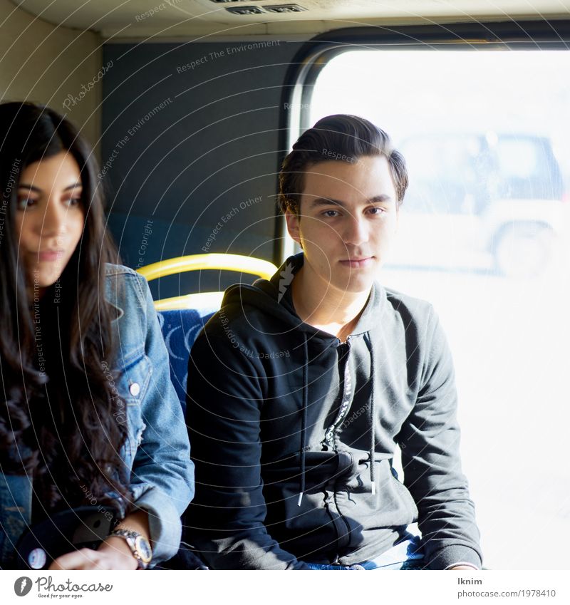 Two students sitting side by side in the bus Young woman Youth (Young adults) Young man Brothers and sisters Friendship Couple Partner 2 Human being