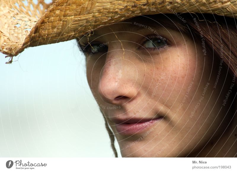 eyes wide shut Lipstick Feminine Woman Adults Skin Head Hair and hairstyles Face Eyes Nose Mouth Hat Brunette Cool (slang) Beautiful Summer Freckles Looking