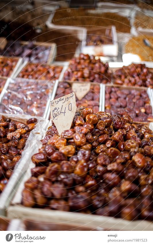 dates Date Markets Market stall Nutrition Organic produce Vegetarian diet Slow food Finger food Delicious Sweet Brown Colour photo Exterior shot Close-up