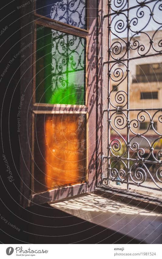 Morocco House (Residential Structure) Window Stained glass Window pane Grating Ornament Green Orange Colour photo Multicoloured Exterior shot Detail Deserted