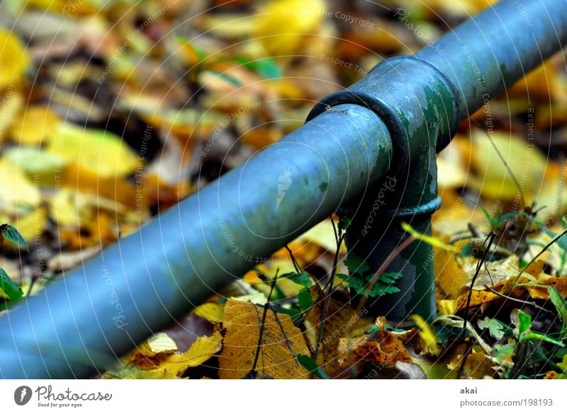 full pipe! Track and Field Metal Blue Yellow Green Emotions Elegant Colour photo Exterior shot Day Central perspective Old Water pipe T-piece Conduit Iron-pipe