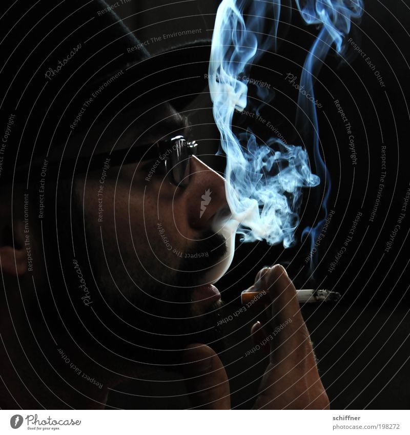 Smoke signal II [LUsertreffen 04|10] Man Adults To enjoy Smoking Face Nose Facial hair Eyeglasses Mouth Hand dark & gloomy Dark Mysterious Black Serene