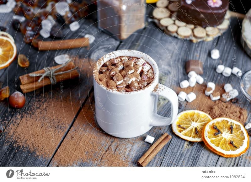 Cocoa with marshmallows is sprinkled with chocolate Fruit Dessert Candy Beverage Drinking Hot drink Hot Chocolate Cup Mug Table Wood Fresh Natural Above Brown