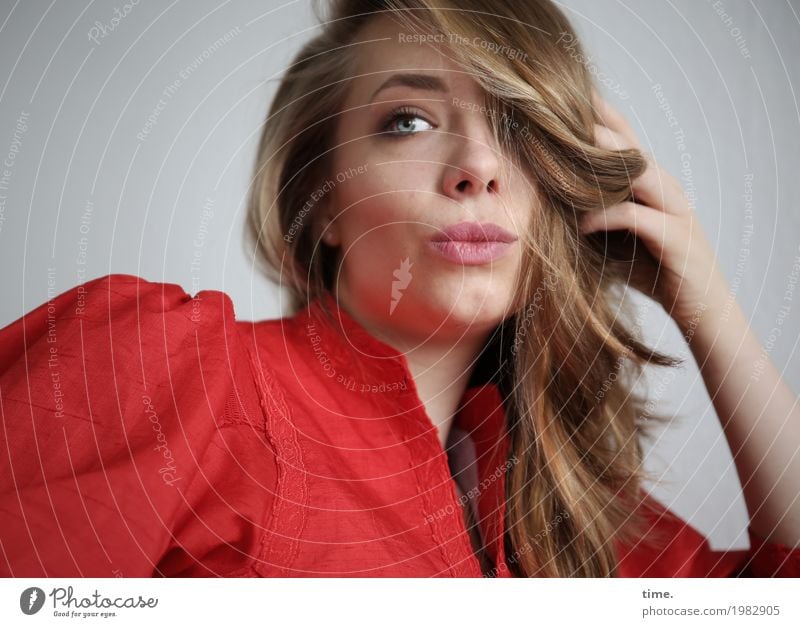 . Feminine Woman Adults 1 Human being Dress Blonde Long-haired Curl Observe Looking Beautiful Red Contentment Self-confident Cool (slang) Willpower Safety