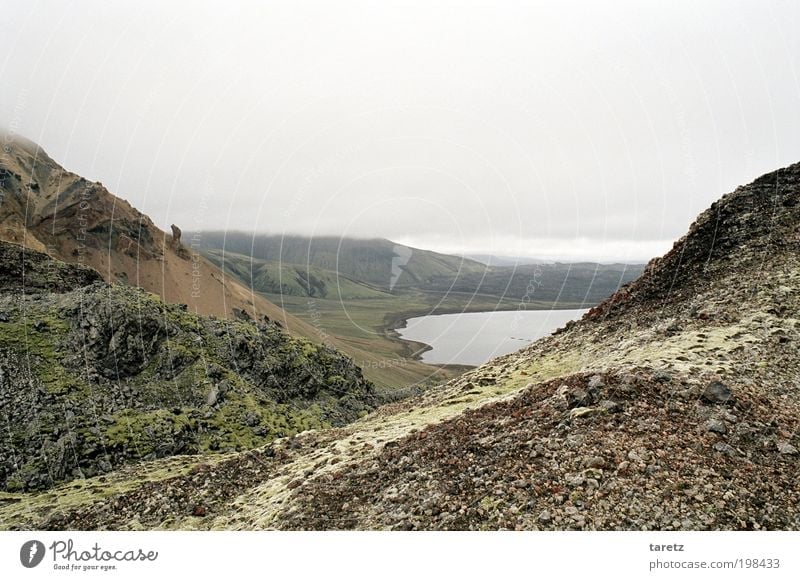 over the mountain Environment Nature Landscape Elements Water Bad weather Hill Rock Lake Frostastaðavatn Iceland Calm Target Cloud cover Gravel Stone Moss