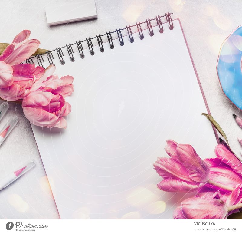 Pink tulips, notebook or sketchbook and coloured markers Style Design Summer Desk Feasts & Celebrations Valentine's Day Mother's Day Wedding Birthday Flower