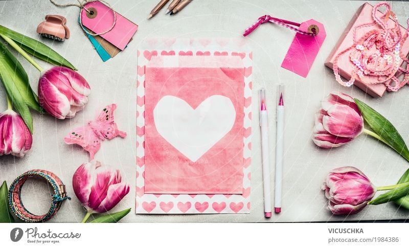 Pink tulips flowers and paper envelope with heart Style Design Leisure and hobbies Interior design Decoration Feasts & Celebrations Valentine's Day Mother's Day