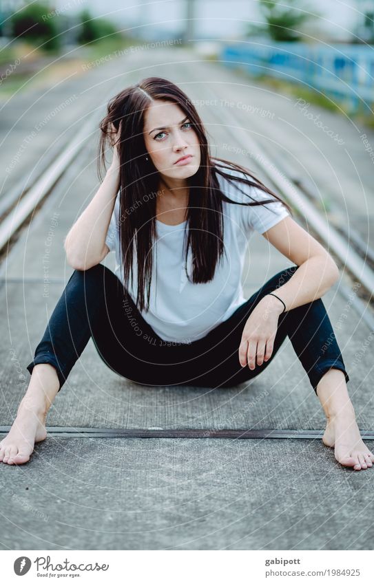 (sitting) On the road again Feminine Young woman Youth (Young adults) Adults Life 1 Human being Street Rail transport Train travel Brunette Long-haired Sit Wait