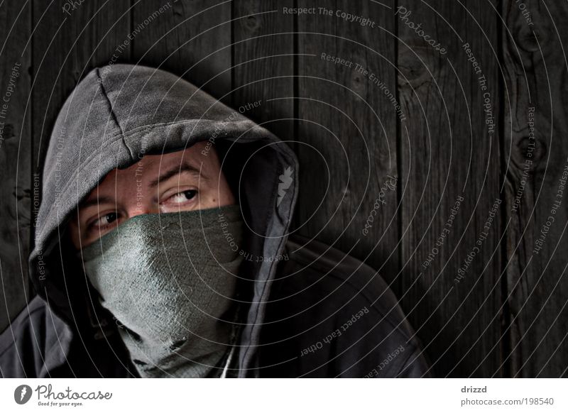 disguised Human being Masculine Man Adults Face Eyes 1 Jacket Mask Black Independence Hooded (clothing) Masked Rag Concealed Wall (building) boards Wooden board