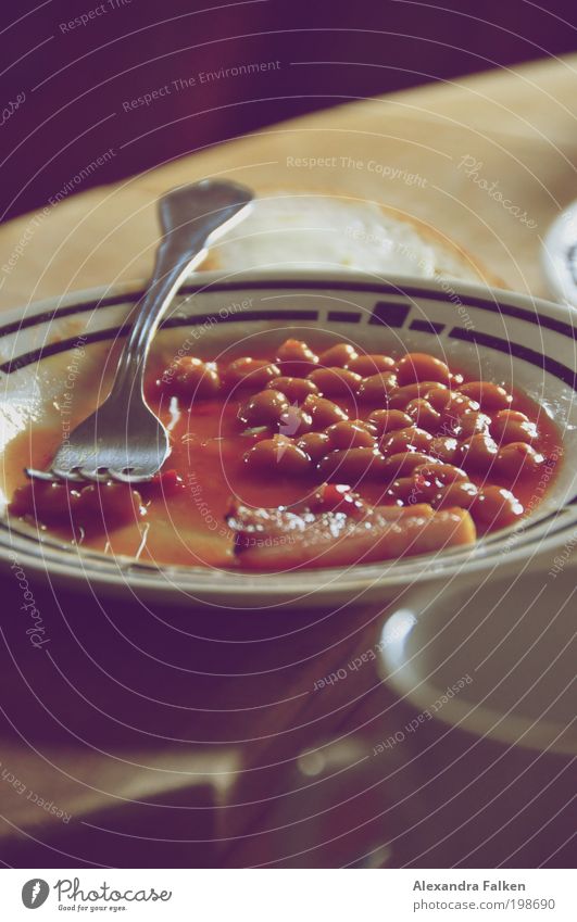 Baked Beans II Breakfast Lunch baked beans Retro Plate Edge of a plate Fork Cutlery Breakfast table Cup Photos of everyday life Bacon English Colour photo
