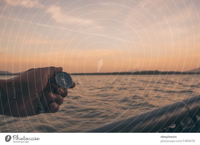 Hand with compass at beach at sunset sky Human being 1 30 - 45 years Adults Art Artist Nature Landscape Waves Beach Bay Ocean Adventure Colour photo