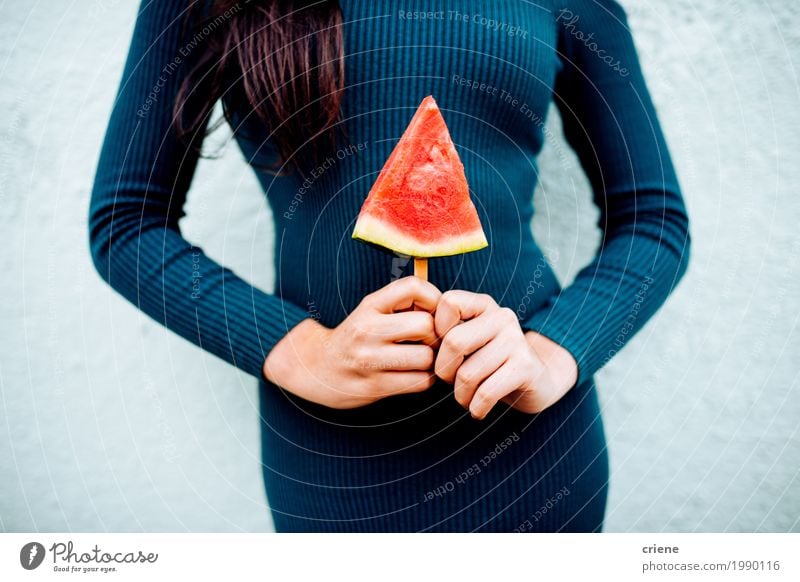 Young attractive woman holding watermelon lollipop Food Fruit Dessert Ice cream Nutrition Eating Lifestyle Joy Healthy Eating Feminine Young woman