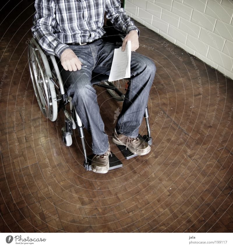 handicapped Human being Masculine Man Adults Life Hand Legs 1 Shirt Wheelchair Wood Illness Humanity Handicapped Barrier Accident paralysis Parquet floor