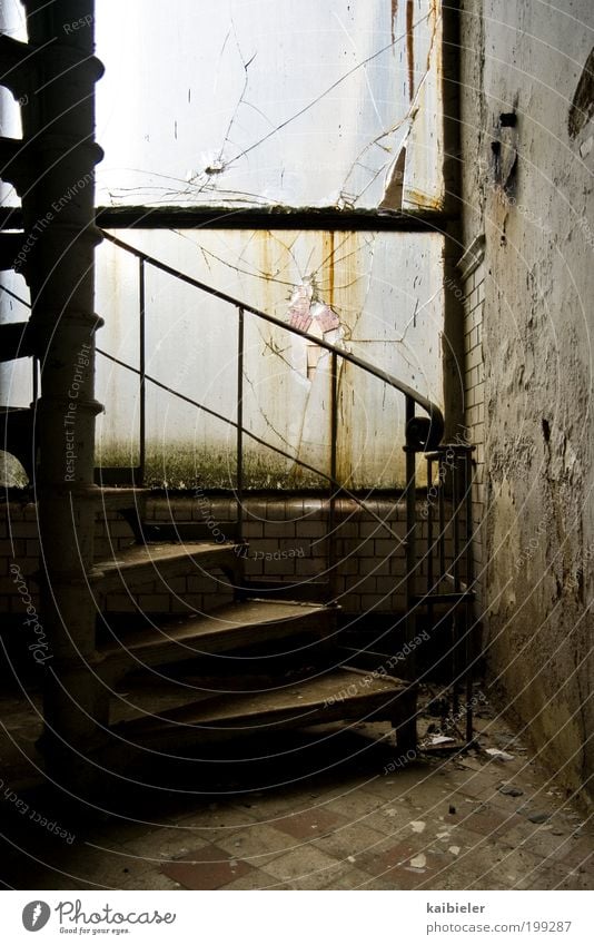 graduated Industrial plant Factory Ruin Wall (barrier) Wall (building) Stairs Window Winding staircase Old Dirty Dark Historic Brown Yellow Loneliness Risk