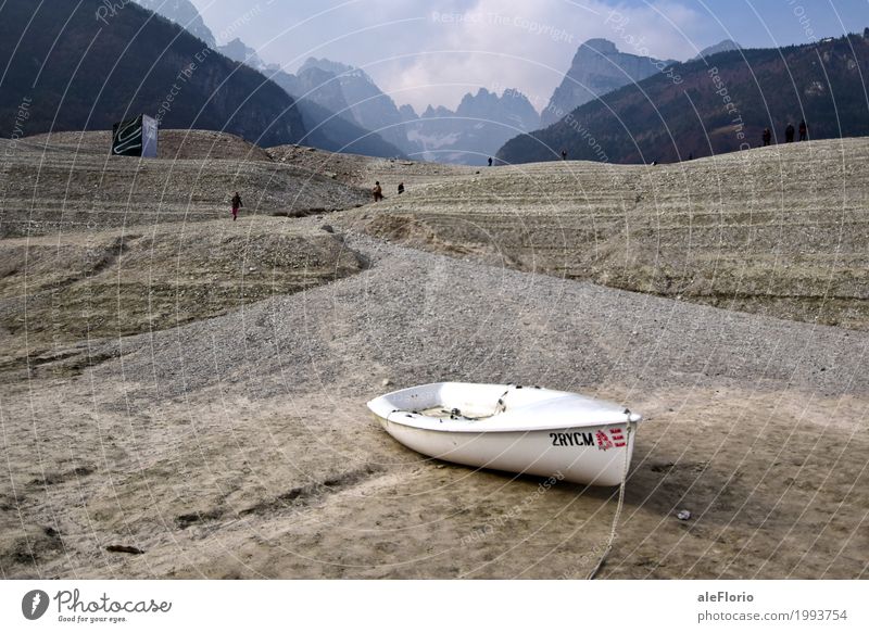 Where is the lake? Far-off places Mountain Hiking Nature Landscape Climate change Rock Alps Lakeside Molveno Italy Europe Fishing boat Rowboat Dry Desert Empty