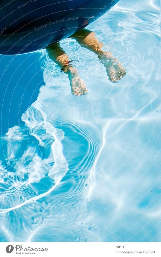 Two naked feet dive in the blue water under a big blue swimming ring. Joy Playing Vacation & Travel Trip Summer vacation Sun Swimming pool Legs 1 Human being